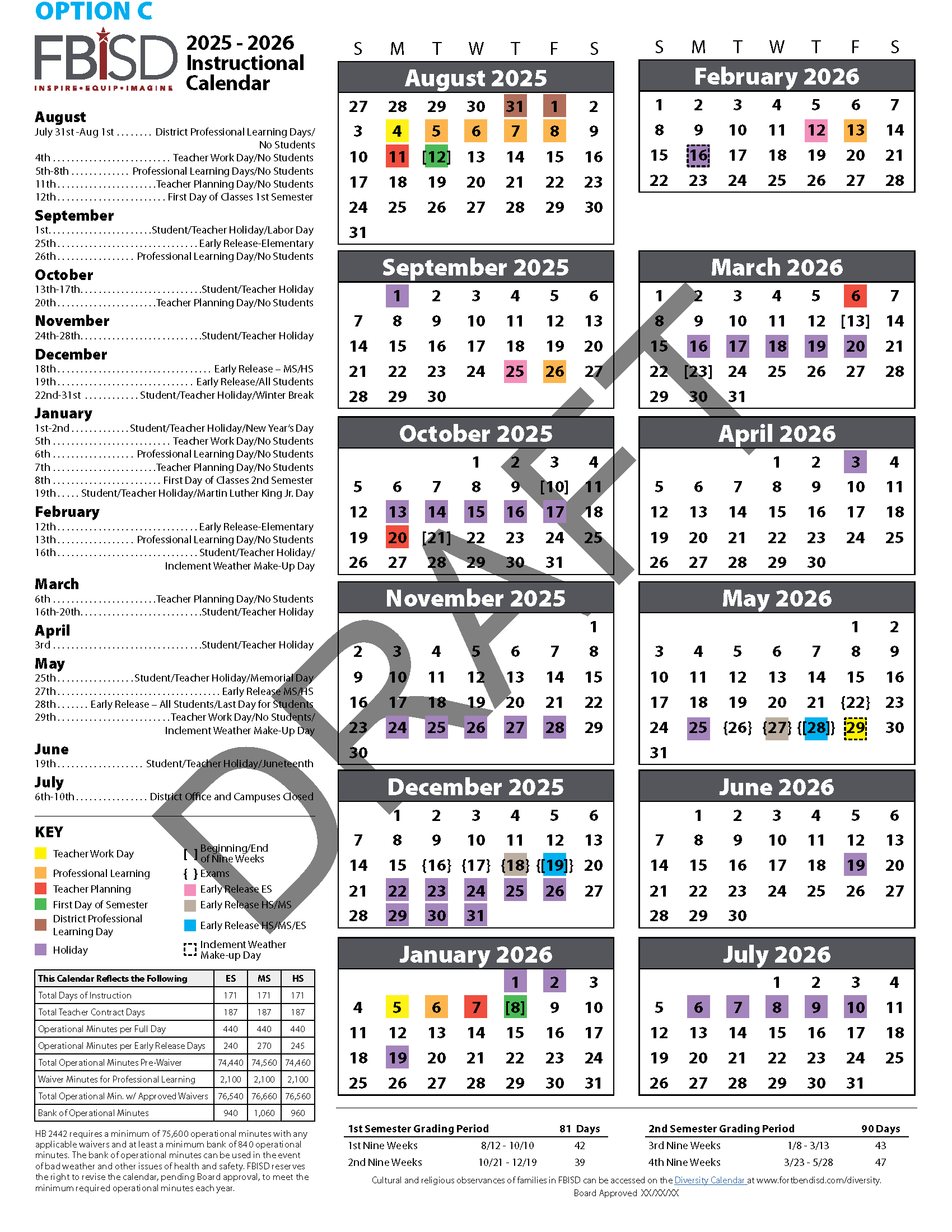 2025-2026 Instructional Calendar Draft C in English